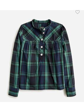 J.Crew Jewel Button Fresco Black Watch Tartan Plaid Organic Cotton Popover Top S